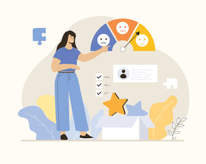  Customer satisfaction, review, feedback. Woman chooses a good smile for her reaction, leaves a good comment. Flat vector illustration.
