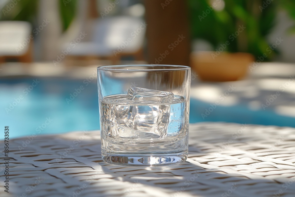 Poster refreshing drink with ice cubes on a sunny afternoon by the poolside