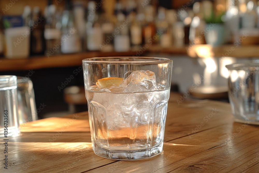 Poster Refreshing drink with ice and lemon in a cozy bar setting during late afternoon
