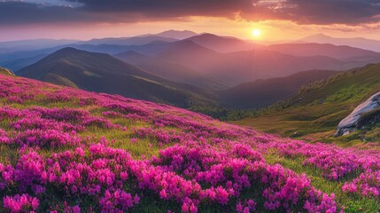 Pink Flowers Bloom on a Mountain Ridge During Sunset