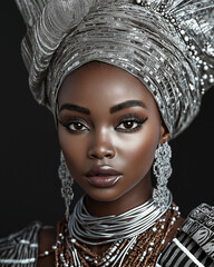 An African woman wearing a silver headdress and a black-and-white striped top