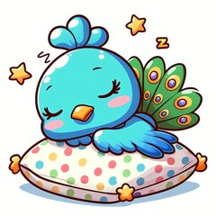 cute peacock sleeping on pillow cartoon vector icon illustration