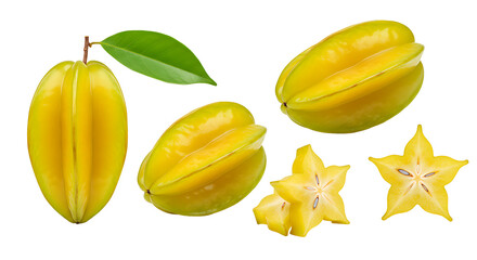 A sequence of fresh Star Fruit displayed in four variations a whole Star Fruit, an Star Fruit cut in half revealing
