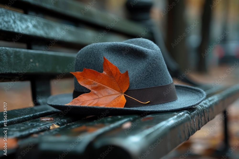 Poster gray hat with a maple leaf resting on a park bench during autumn afternoon