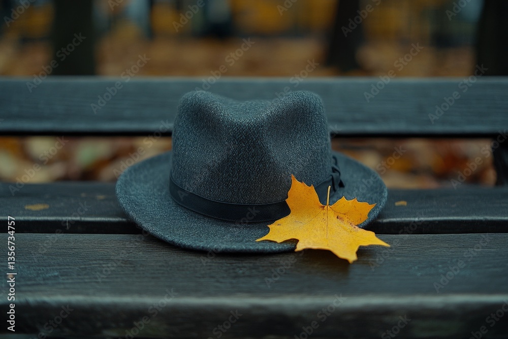 Poster hat rests on a wooden bench surrounded by autumn leaves in a calm park setting