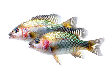 Fototapeta premium Three Blackchin tilapia - Sarotherodon melanotheron isolated on white background. fish invasive alien species in natural biodiversity is environmental problem in some countries.