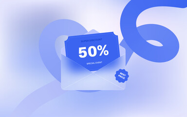 coupon discount banner with glossy envelope and card