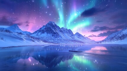 Northern Lights Over Frozen Mountain Lake