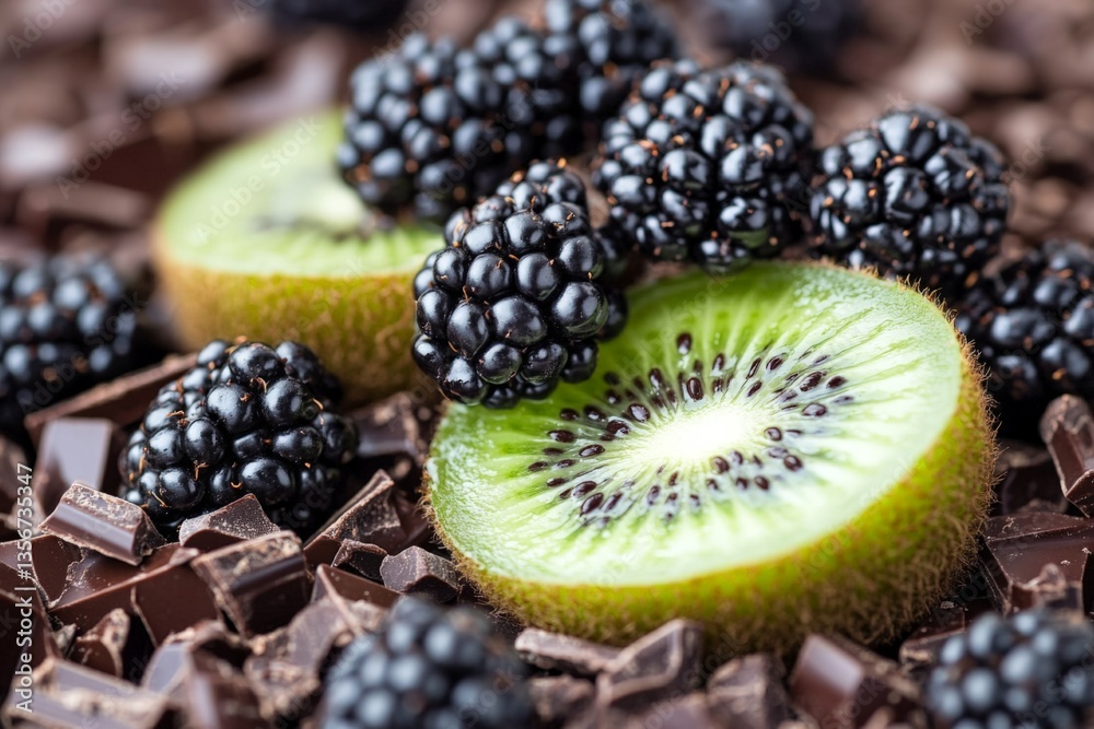 Aufkleber blackberries and kiwi slices resting on dark chocolate pieces create a delicious and vibrant dessert