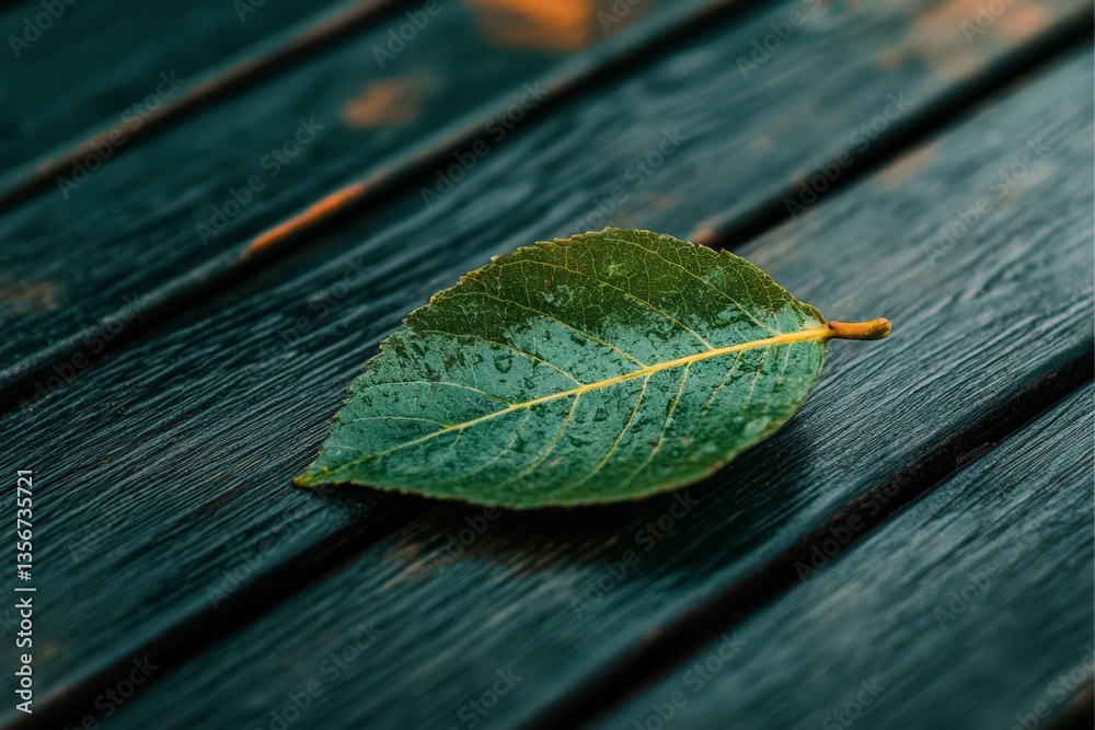 Aufkleber close-up view of a raindrop-covered leaf resting on a wooden surface during the evening