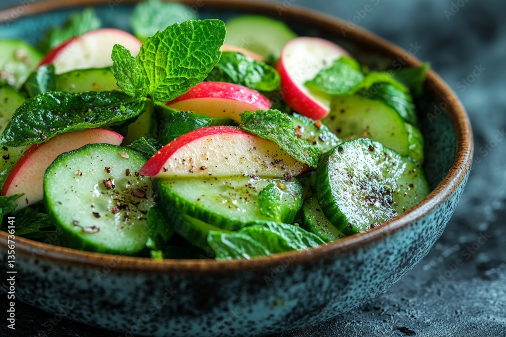 Poster fresh cucumber and apple salad garnished with mint on a textured surface