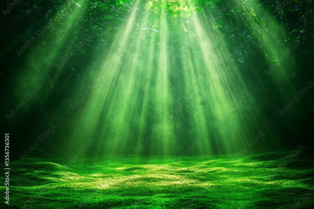 Leinwandbilder sunlight filters through a dense forest, creating a mystical green ambiance in a tranquil glade