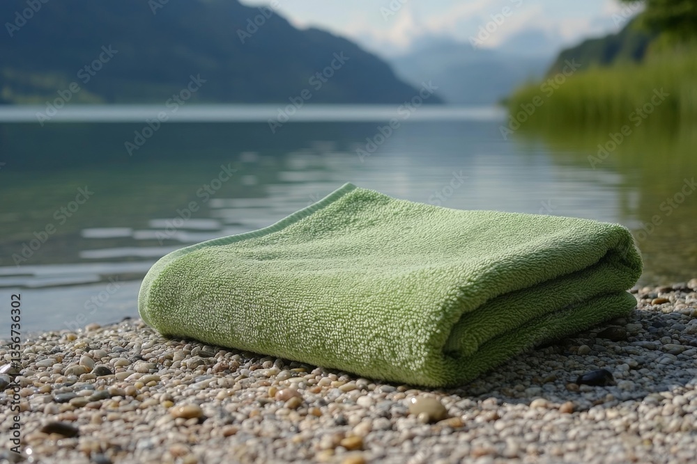 Aufkleber green towel on the pebbled shore of a serene lake surrounded by mountains on a sunny day