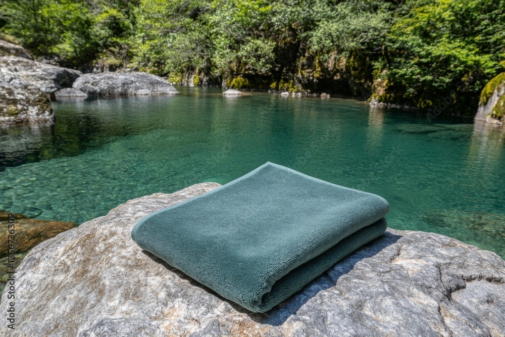 Poster Relaxing by the clear water with a soft towel on a sunny day in a serene natural setting