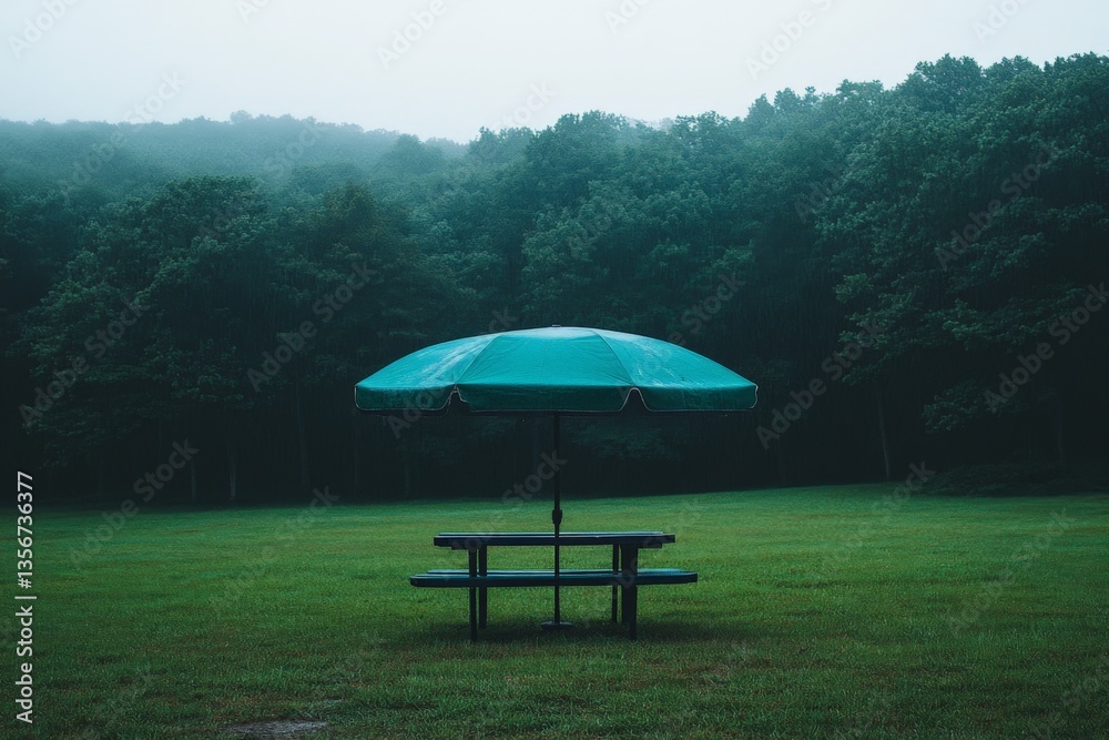 Poster empty picnic area with a green umbrella in a foggy forest clearing during early morning hours