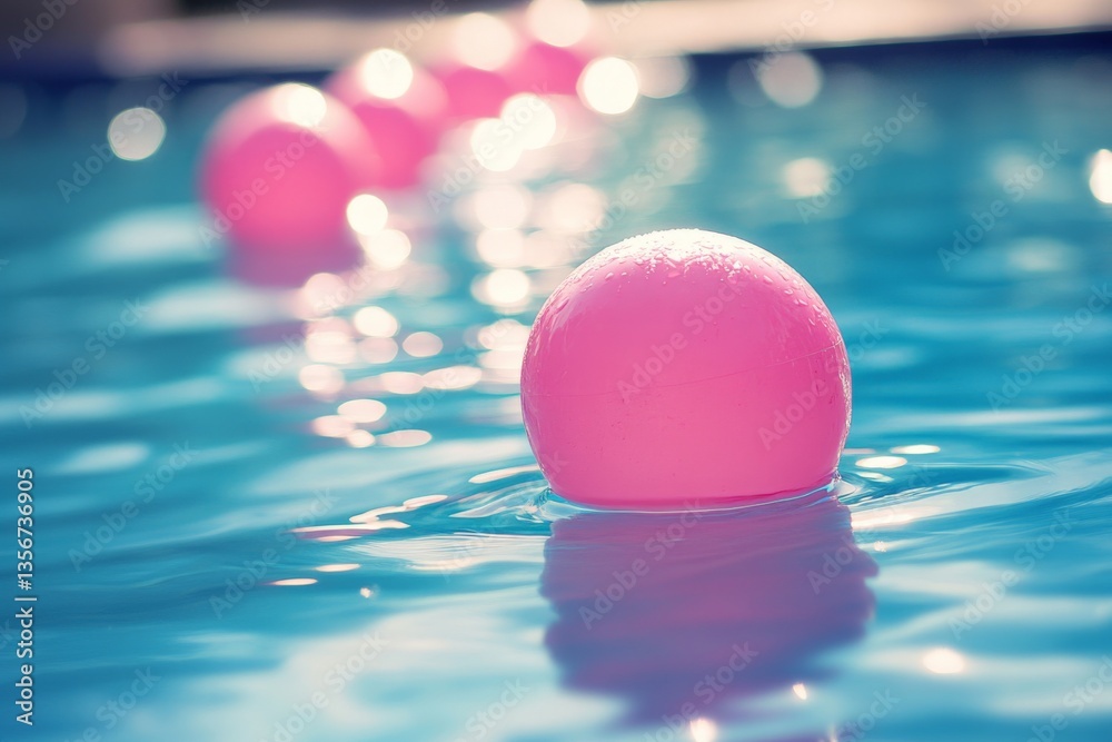 Poster pink buoy floats on shimmering water with sunlight reflecting in the pool during a warm afternoon