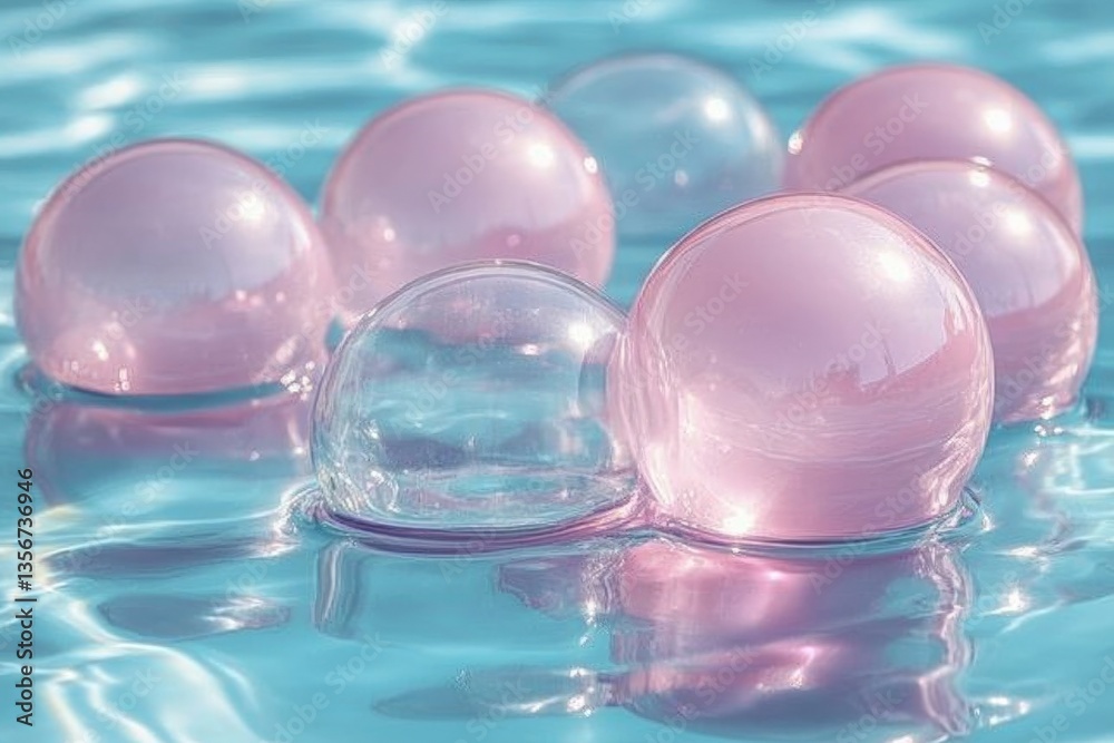 Aufkleber Bubbles of varying sizes floating on the surface of a clear blue pool during a sunny afternoon