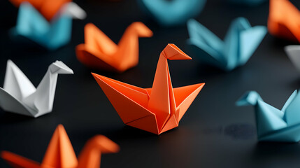 Orange Origami Crane Among Blue and White Paper Birds on Black Background