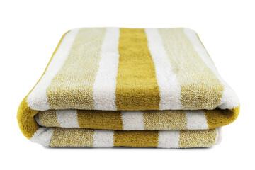 Carefully folded soft striped bath yellow towel isolated on white, transparent background. Terry...