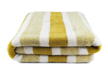 Carefully folded soft striped bath yellow towel isolated on white, transparent background. Terry cloth, striped pattern towel texture, cotton bath textile or microfiber beach towel material