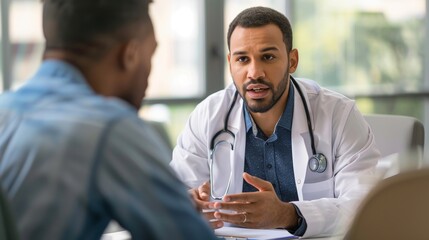 A doctor talking to a psychologist in a hospital setting, seeking mental health support for burnout