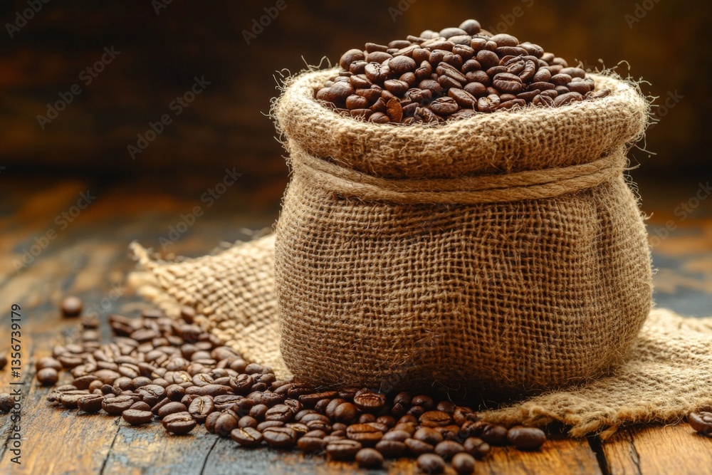 Poster Coffee beans in a burlap sack on a wooden table with some beans scattered around