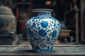 Beautifully crafted blue and white porcelain vase displayed in an antique shop with rustic wooden surroundings