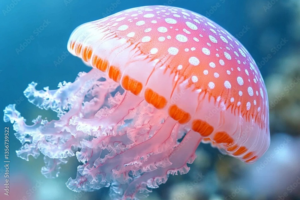 Poster colorful jellyfish gracefully swimming in clear ocean waters, showcasing delicate tentacles and vibr