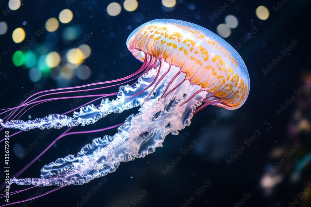 Poster jellyfish gliding through water with graceful tentacles illuminated by soft lights in an aquarium