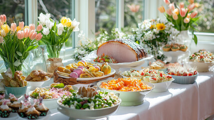 Easter Brunch Buffet Table, Ham And Salads
