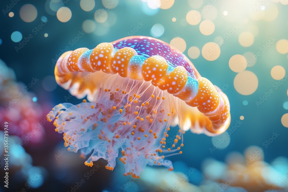 Poster vibrant jellyfish gliding through water while sunlight filters in, creating a serene underwater atmo