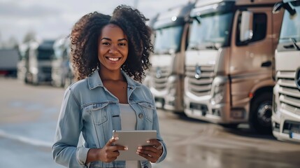 Smiling Latina Woman with Tablet in Front of Trucks