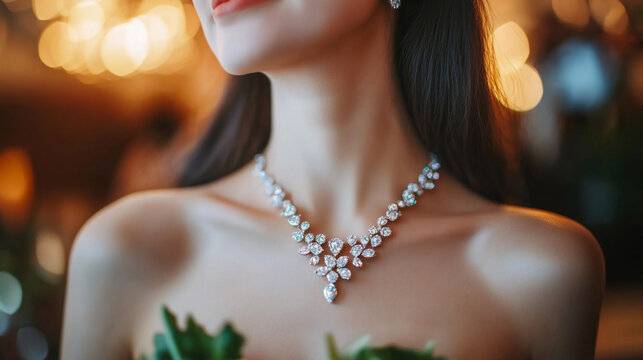 Woman wearing a diamond necklace with matching earrings in a softly lit background setting indoors