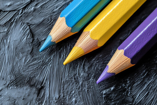 Close-up of three colored pencils: blue, yellow, purple, on a dark textured background.  Image showcases creativity, art supplies, and design concepts. Free space for text