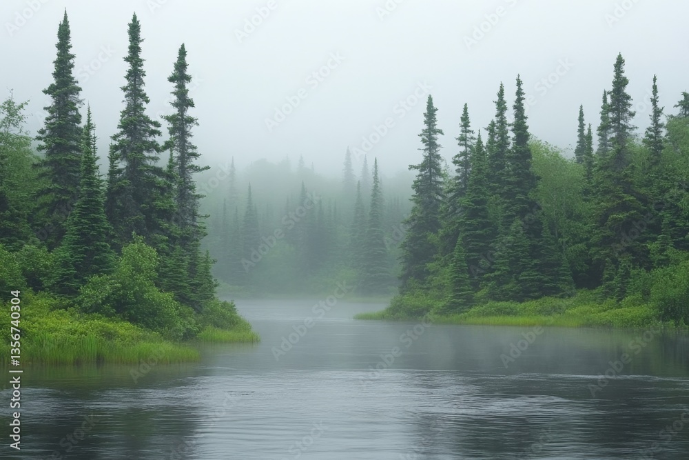 Poster misty river flowing through dense pine forest in a tranquil morning setting