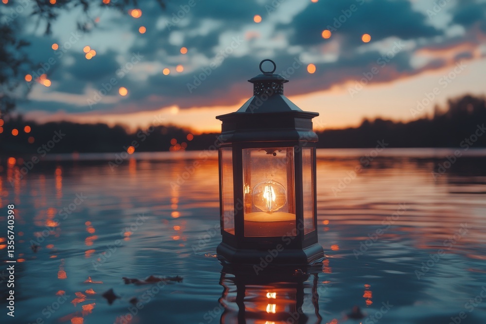 Poster lantern glowing on water during sunset with floating lights in the background