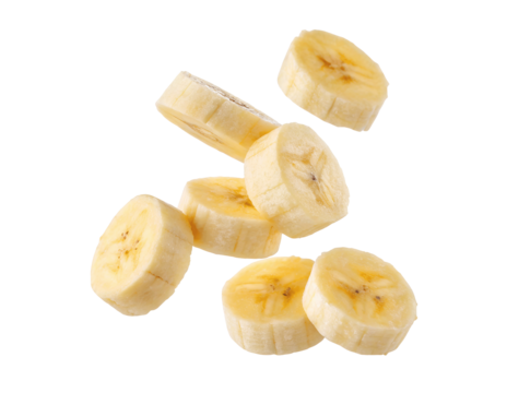 Delicious banana slices mid-air, ripe and flavorful, isolated on white with transparent background PNG, ideal for visual creatives