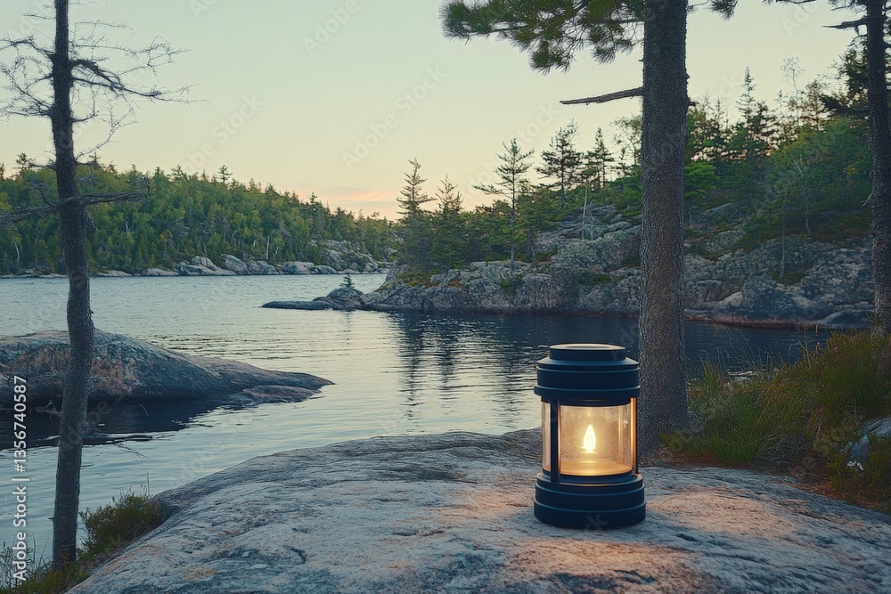 Poster Lantern illuminating a serene lakeside view at dusk in a tranquil forest setting