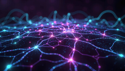 Abstract neural network visualization with glowing nodes in blue, purple, and red hues, capturing AI and machine learning concepts. Ideal for tech