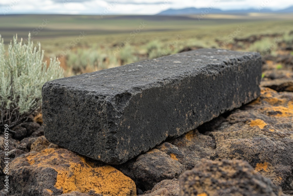 Poster Unique rectangular basalt stone placed on rocky terrain in the wilderness during daytime with overcast sky