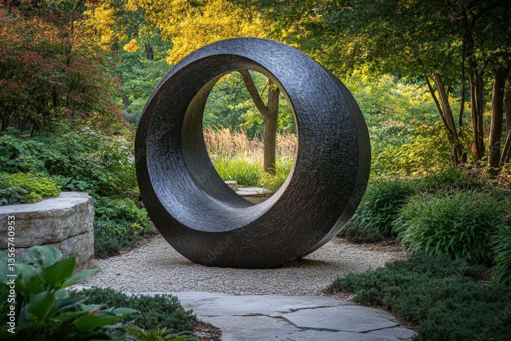 Poster Modern sculpture creates a striking focal point in a lush garden setting during the golden hour of a late afternoon