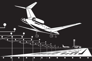 Private jet  landing to city airport by night &ndash; vector illustration