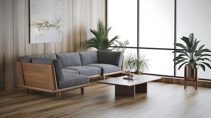 Fototapeta premium Grey corner sofa against big window Minimalist interior design of modern living room