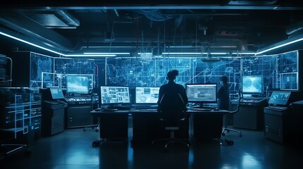 Advanced futuristic control room with holograms high resolution hd image