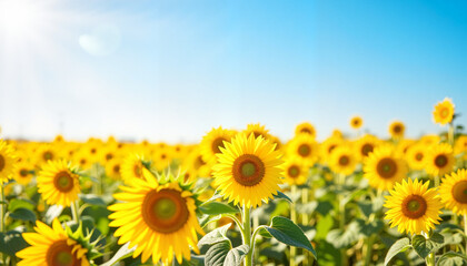 Fototapeta premium Sunflowers blooming in a vibrant field under a blue sky 