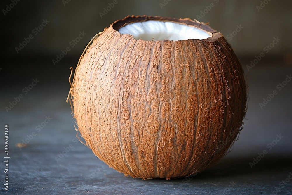 Poster Coconut shell displayed on a rustic surface showcasing its natural texture and color in soft lighting