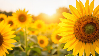 Obraz premium Sunflowers blooming in sunset light against a garden background 