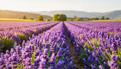 Fototapeta premium Lavender fields blooming under a sunset sky 
