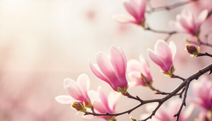 Obraz premium Pink magnolia flowers blooming in soft spring light 