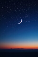 Naklejka premium Crescent moon illuminating the twilight sky filled with twinkling stars creating a serene nightscape celestial beauty and peaceful atmosphere